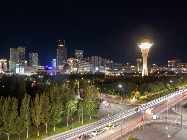 The Esil district of Astana illuminated at night