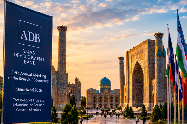 ADB 59th Annual Meeting banner in front of the Registan, Samarkand